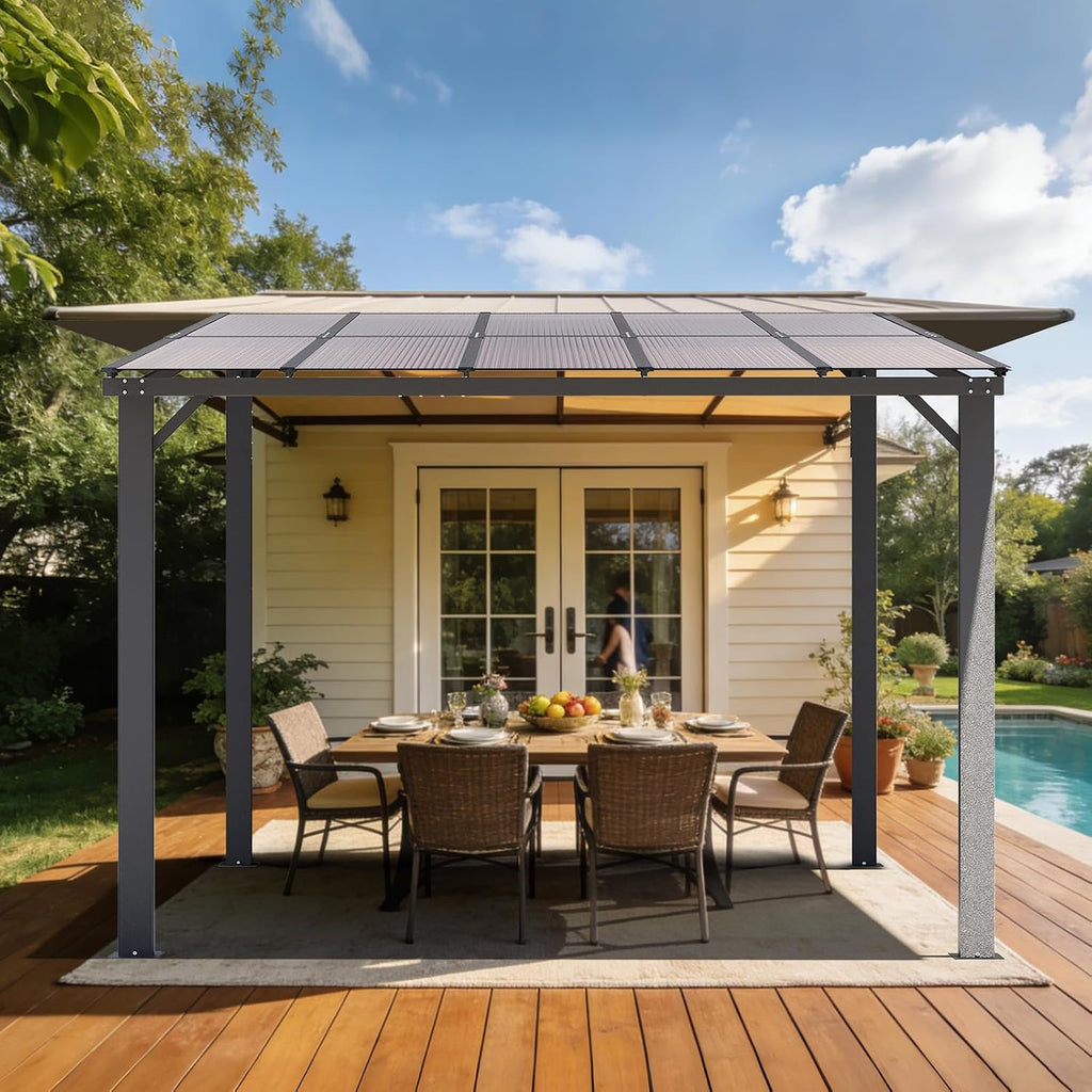 10'×10' Patio Gazebo with Waterproof Fuzzy Strip, Outdoor Gazebo with Innovative Base Support, Wall Mounted Gazebos Pergola with Roof for Backyard, Decks, Garden