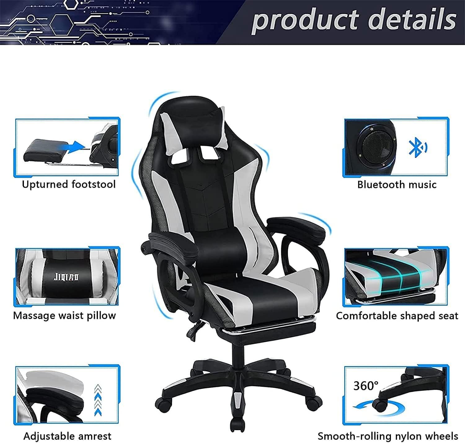 X Rocker Gaming Chair Gaming Chair with RGB Lighting and Speakers, Ergonomic Gaming Chair with footrest and 7-Point Massage Function, 150° tiltable Office Chair Gaming Chair for Adults,White