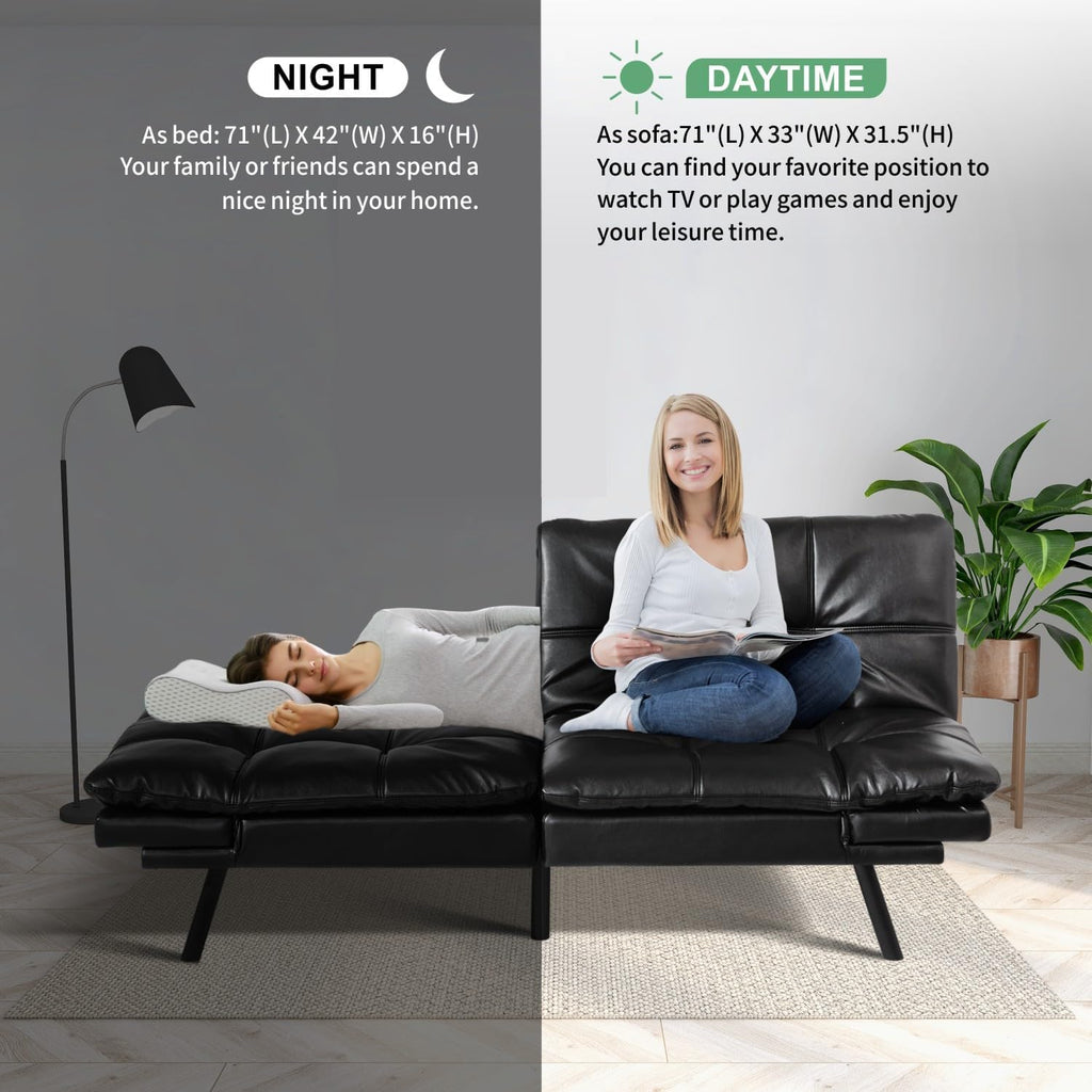 MUUEGM 71' Futon Sofa Bed, Convertible Couch Filled with Memory Foam, Modern Loveseat with Adjustable Backrest&Armrest, Sofas for Living Room,Game Room,Dormitory,Office.Black Leather
