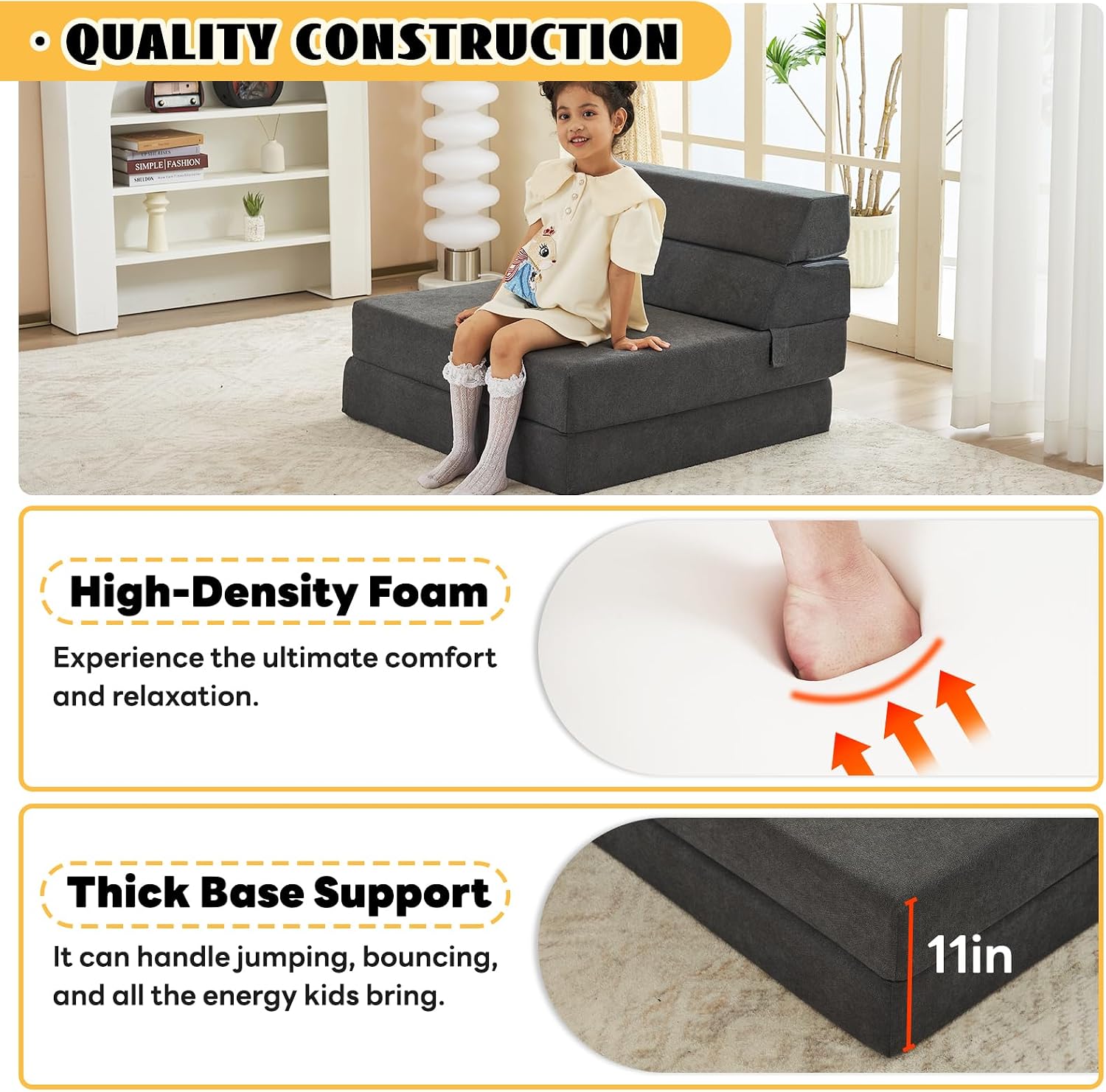jela Foldable Sofa Bed Large Soft Foam Convertible Sleeper Chair Luxury Miss Fabric Fold Out Chair Bed Floor Couch with Back Support Floor Sofa for Living Room Bedroom (83'x33',Dark Gray) | breathable material