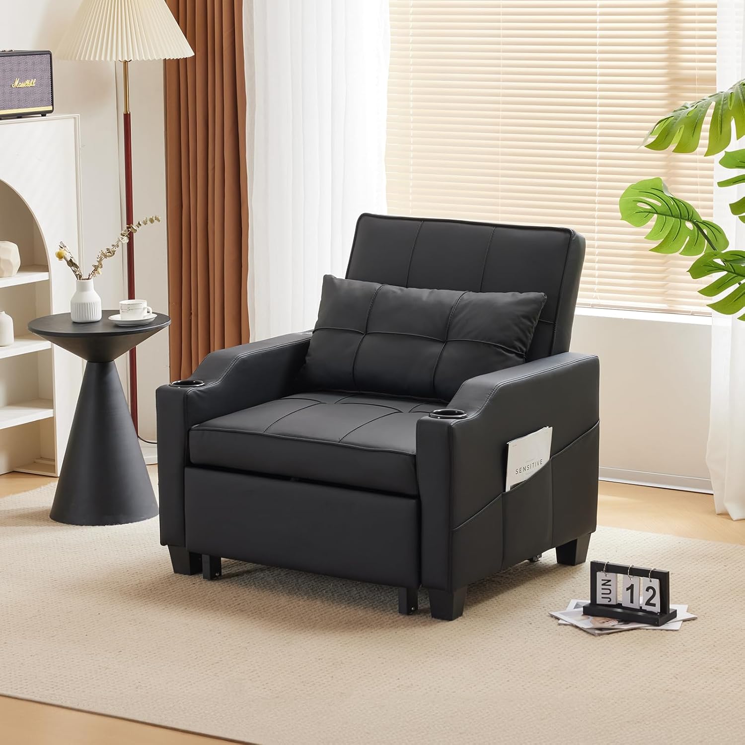 VINGLI Black Sleeper Chair Bed 3-in-1 Convertible Futon Sofa Bed Pull Out Couch Bed Adjustable Recliner Chair with USB Ports Cup Holders Side Pockets for Living Room Bedroom Small Spaces