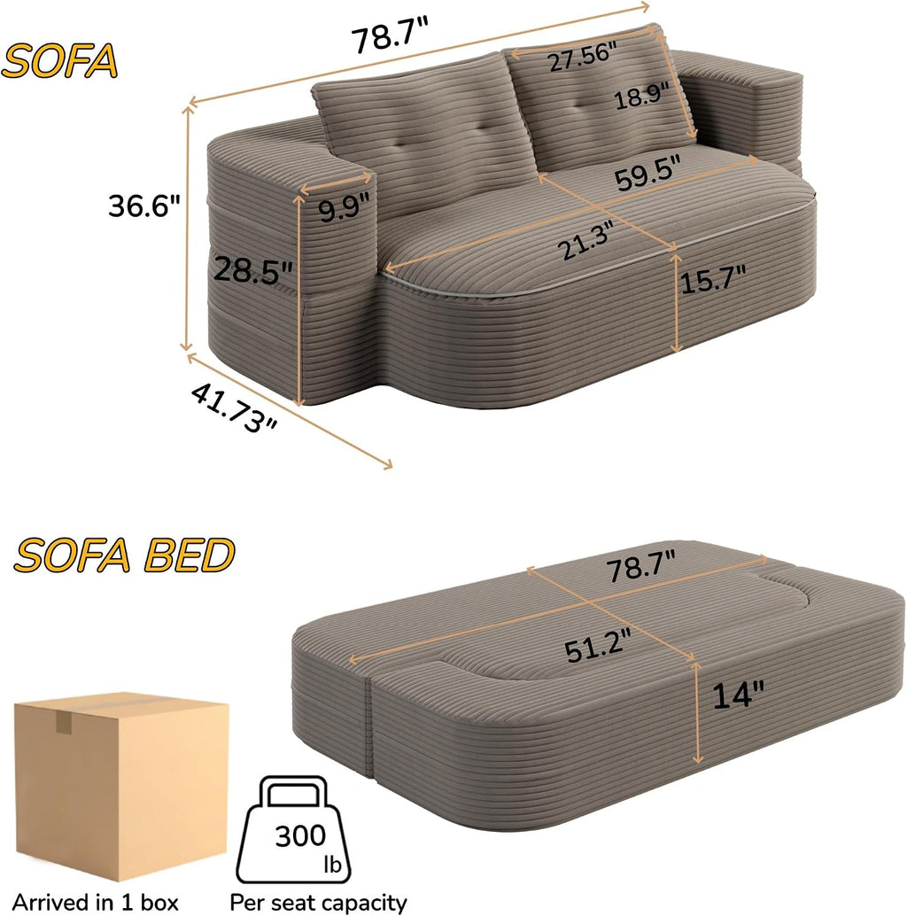 78.7' Futon Sofa Bed, 2-in-1 Foldable Sleeper Sofa, Convertible Sofa Bed with Pillows, Corduroy Couch with Multi Functional Blanket Upholstered Boneless Couches for Living Room, Brown