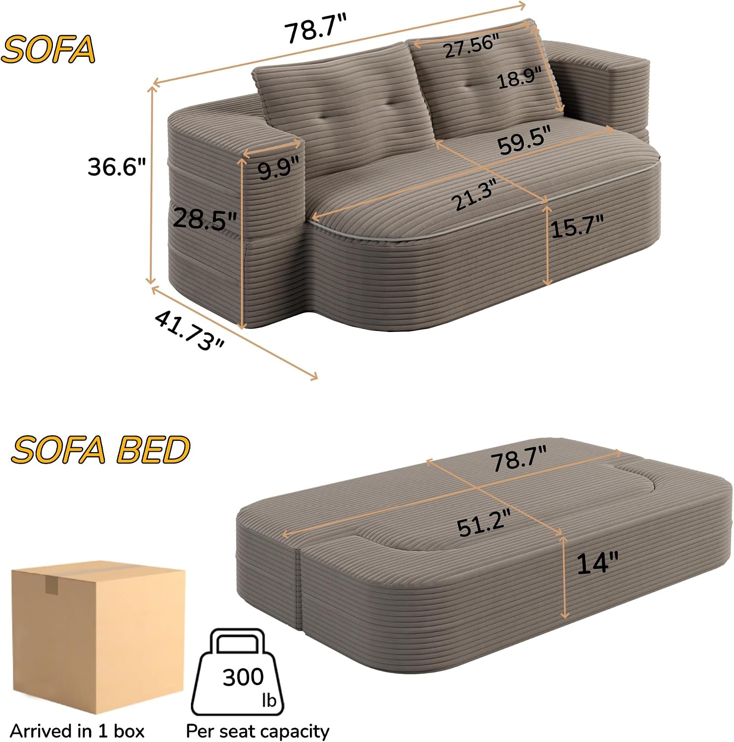 78.7' Futon Sofa Bed, 2-in-1 Foldable Sleeper Sofa, Convertible Sofa Bed with Pillows, Corduroy Couch with Multi Functional Blanket Upholstered Boneless Couches for Living Room, Brown