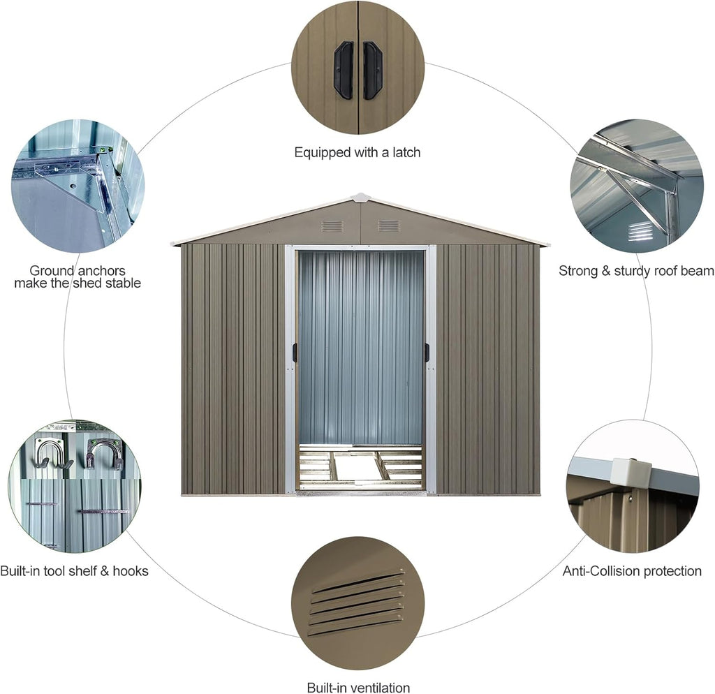 8 x 6 FT Outdoor Storage Shed, Metal Garden Shed with Floor Frame, Large Tool Shed Outdoor Storage with Lockable Sliding Doors & Air Vents, Storage House Waterproof for Backyard, Lawn, Gray