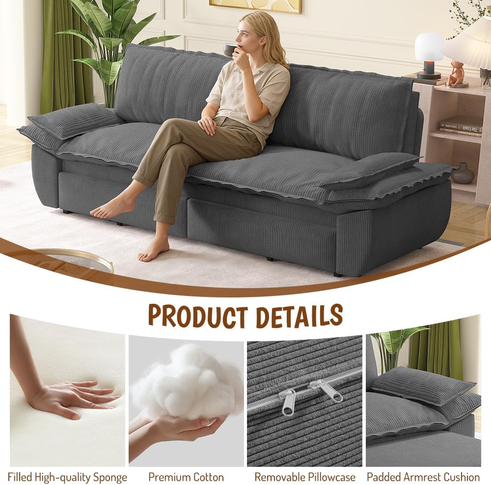 73.2' Sofa Bed Queen, 3-in-1 Pull Out Sofa Bed with Pillow Armrest, Modern Corduroy Convertible Sleeper Futon Sofa for Living Room Small Space, Apartment, Bedroom, Grey