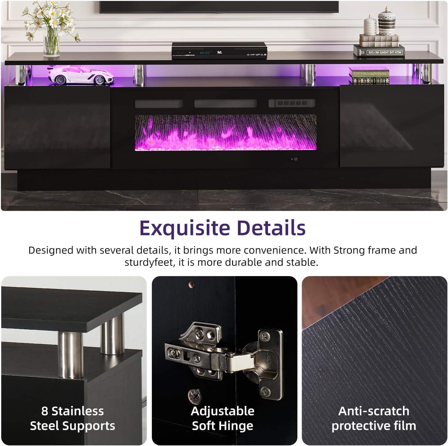 oneinmil Fireplace TV Stand with 36' Electric Fireplace, 2 Tier TV Console Stand for TVs Up to 90'', LED Light Entertainment Center, Fireplace for The Living Room TV Stand, Black, 80''