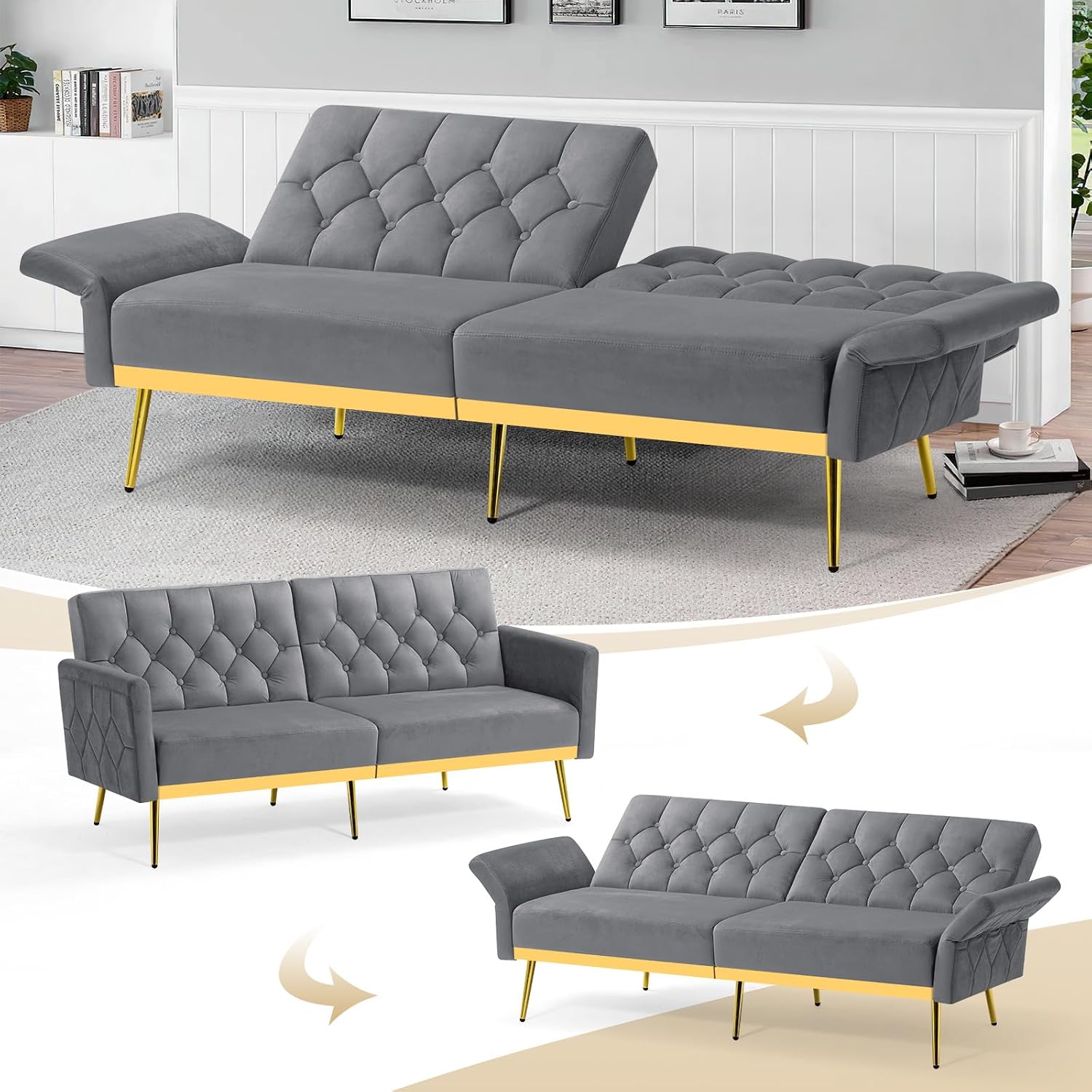 2 Pieces Velvet Sofa Set w/Adjustable Armrests and Backrests, Tufted Accent Chair w/Ottoman, Convertible Futon Sofa Bed for Bedroom, Living Room, Apartment, Grey