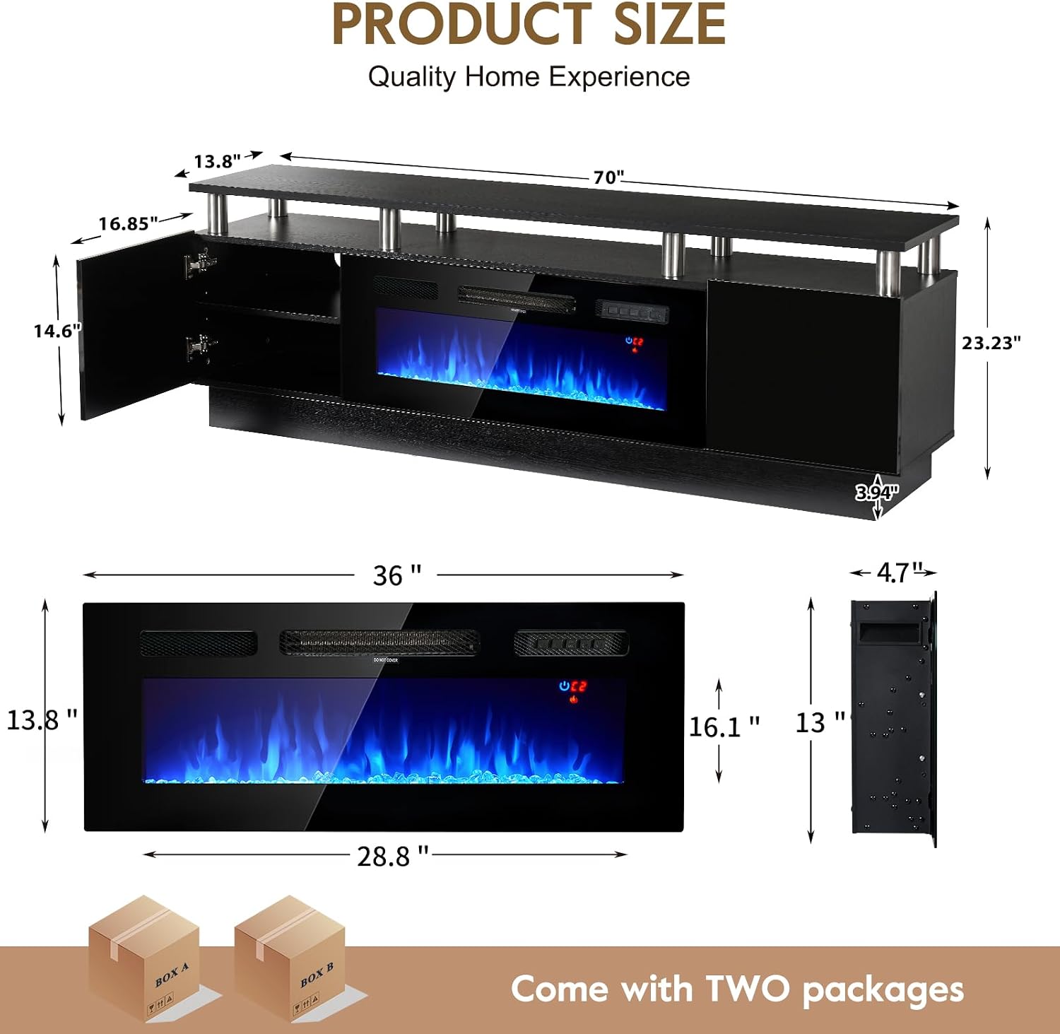 70' TV Stand for Living Room, Modern Entertainment Center & Media Console, Fits TVs up to 80', Storage Cabinet with Shelves, 36' Electric Fireplace with LED Flame (All Black)