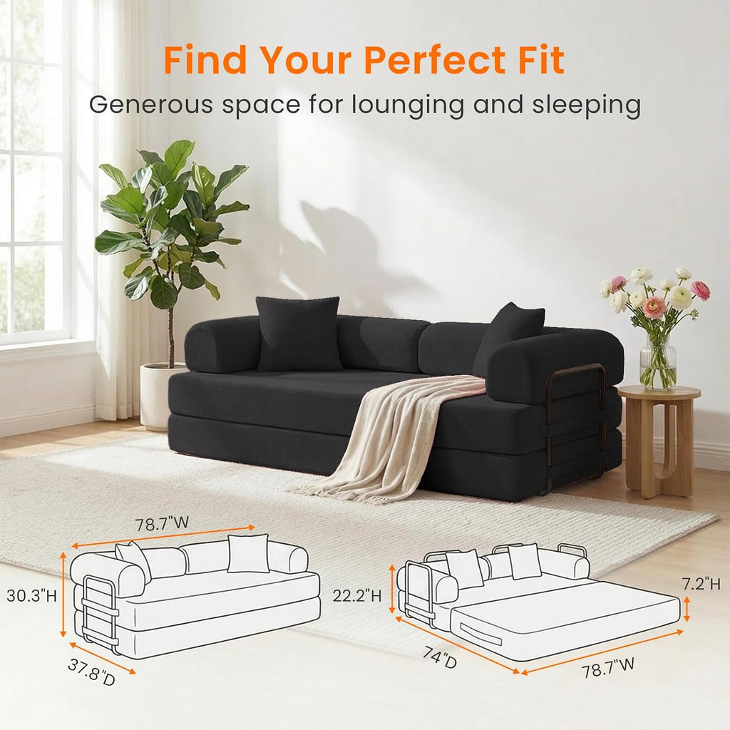 ijuicy 4-in-1 King Convertible Floor Sofa Bed w/ 2 Pillow,Modular Sleeper Sofa/Folding Futon Couch Bed w/Cylindrical Backrest and Fixed Frame,Lounge Couch,Corduroy Compression Sofas for Home-Black