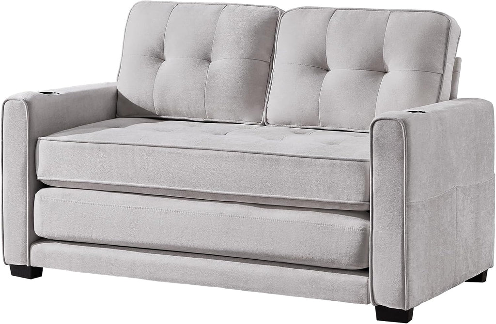 Convertible Sofa Bed, Pull Out Loveseat Sleeper Couch,Linen Fabric 2 in 1 Folding Couch Bed, Fold Out Floor Futon Couches with Cup Holder for Living Room, Bedroom,Small Space, Light Grey