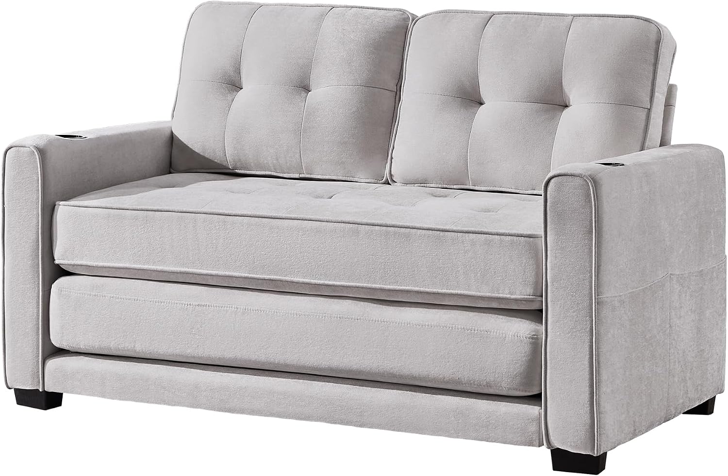 Convertible Sofa Bed, Pull Out Loveseat Sleeper Couch,Linen Fabric 2 in 1 Folding Couch Bed, Fold Out Floor Futon Couches with Cup Holder for Living Room, Bedroom,Small Space, Light Grey