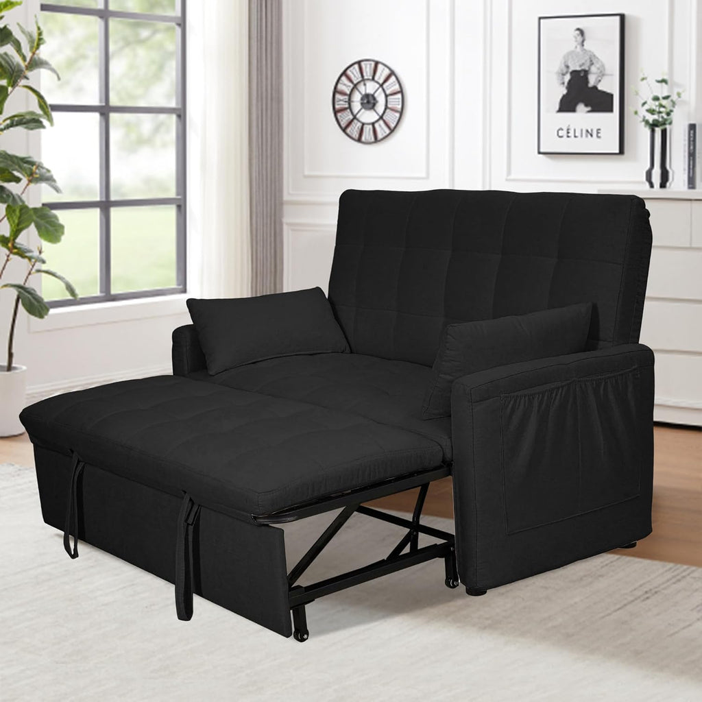 Oversized 3-in-1 Convertible Sleeper Sofa Bed, Futon Couch with Pullout Bed, 2-Seater Loveseat Sofa w/Pockets, Adjustable Backrest and Pillows for Living Room Apartment (Black-Button Tufted)