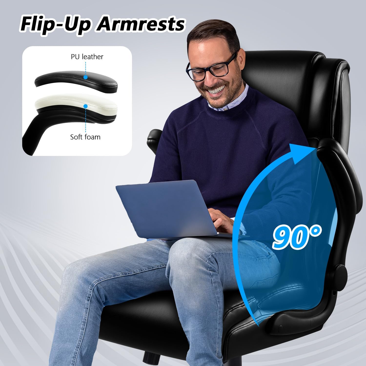 Office Chair, Big and Tall 400LBS Heavy Duty Executive Office Desk Chair with Flip-up Armrest, Ergonomic Swivel High Back Office Chairs with Lumbar Support, PU Leather (Black)