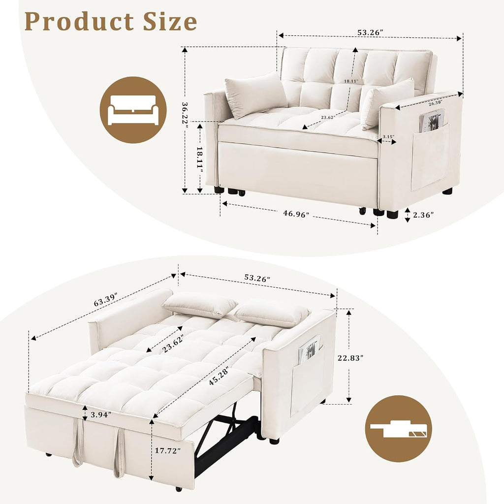 Oversized 3-in-1 Convertible Sleeper Sofa Bed, Futon Couch with Pullout Bed, 2-Seater Loveseat Sofa w/Pockets, Adjustable Backrest and Pillows for Living Room Apartment (White-55inch)