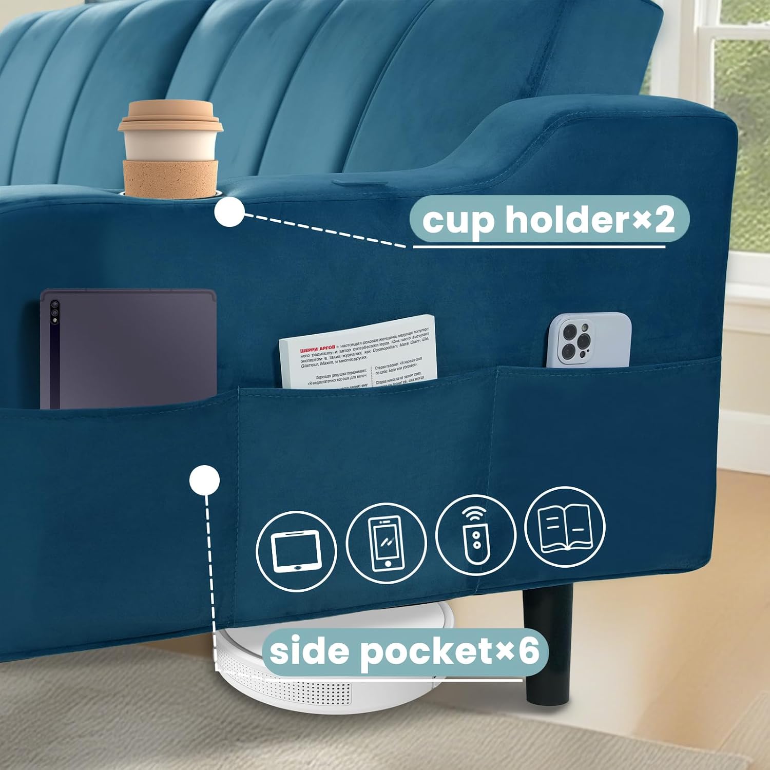 80' Velvet Futon Sofa Bed, Convertible Sleeper Loveseat with Cup Holders & Storage Pockets, Mid Century Modern Couch for Living Room, Bedroom, Office, Small Space (Dark Blue)