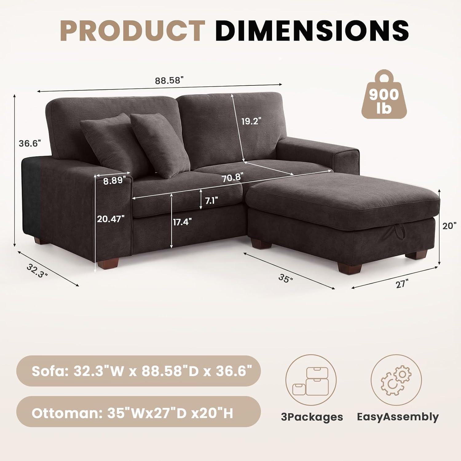 DOPEDIO L-Shaped Sectional Sofa with Storage Ottoman, Modern Chenille Recliner Loveseat, Removable Couch Covers, Pocket Spring Cushions, Solid Wood Frame, Easy to Install (88.58inch, Dark Grey)