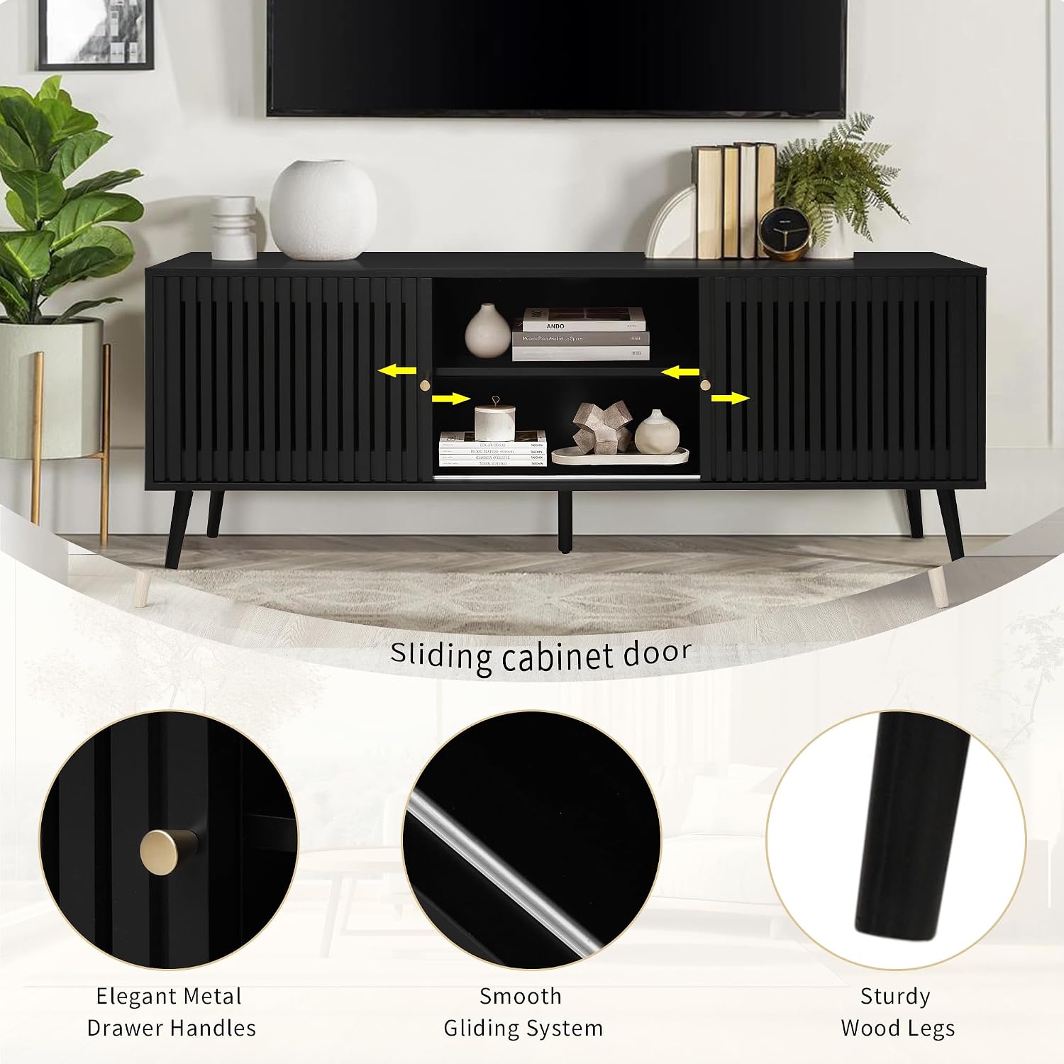 Oubayajia Mid Century Modern TV Stand for Televisions up to 70 Inches, with Sliding Doors and Storage, Television Stands, TV Consoles, Media Consoles for Living Room, 63 Inch (Black)