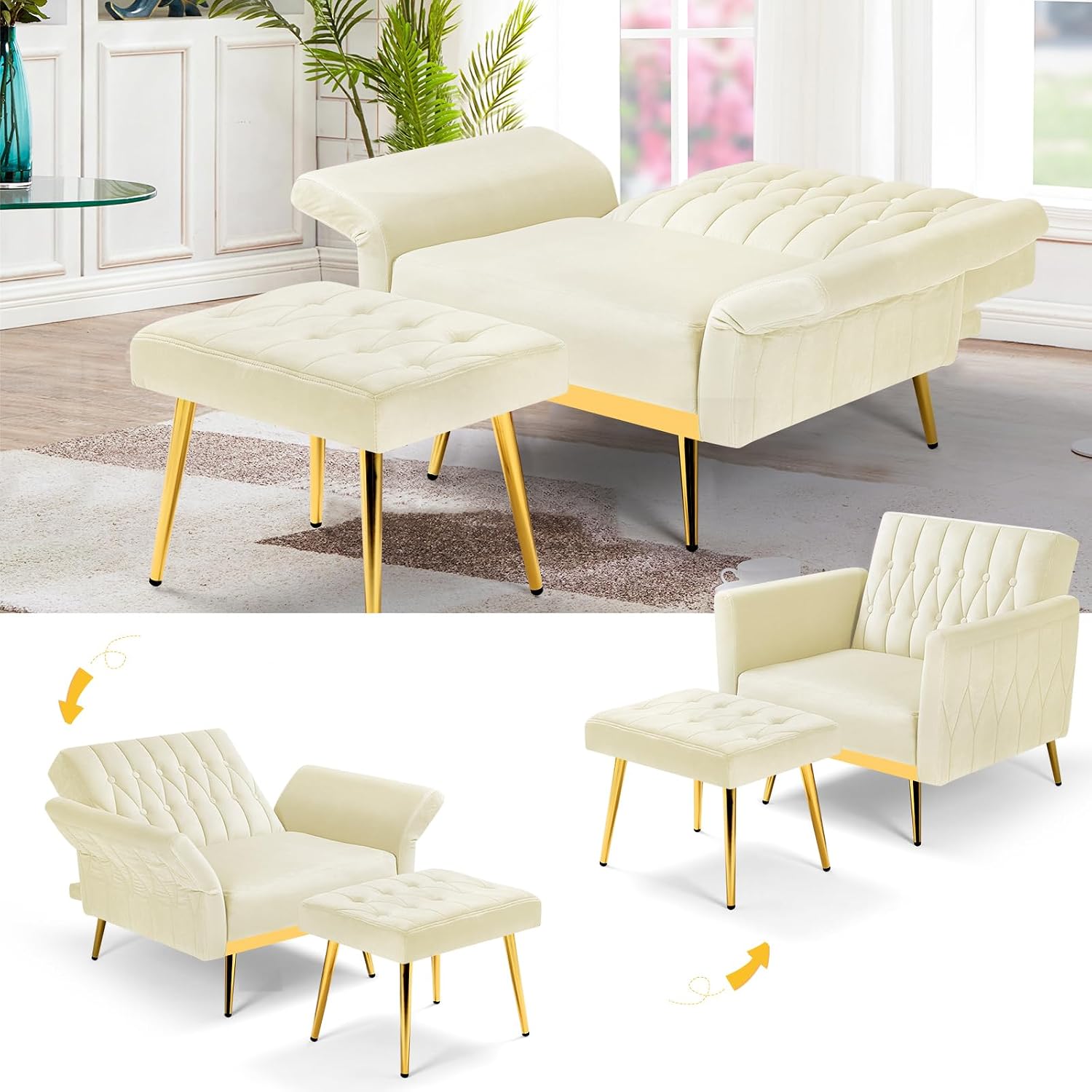 2 Pieces Velvet Sofa Set with Adjustable Armrest and Backrest, 70' Convertible Futon Sofa Bed & Mordern Accent Chair with Ottoman for Living Room, Bedroom, Beige