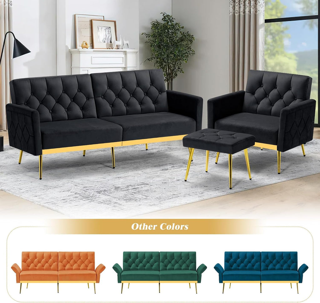 Velvet Futon Sofa Bed w/Adjustable Armrests & Backrests, Button Tufted Sleeper Couch, Modern Convertible Loveseat Sofa for Bedroom, Living Room, Apartment, Black