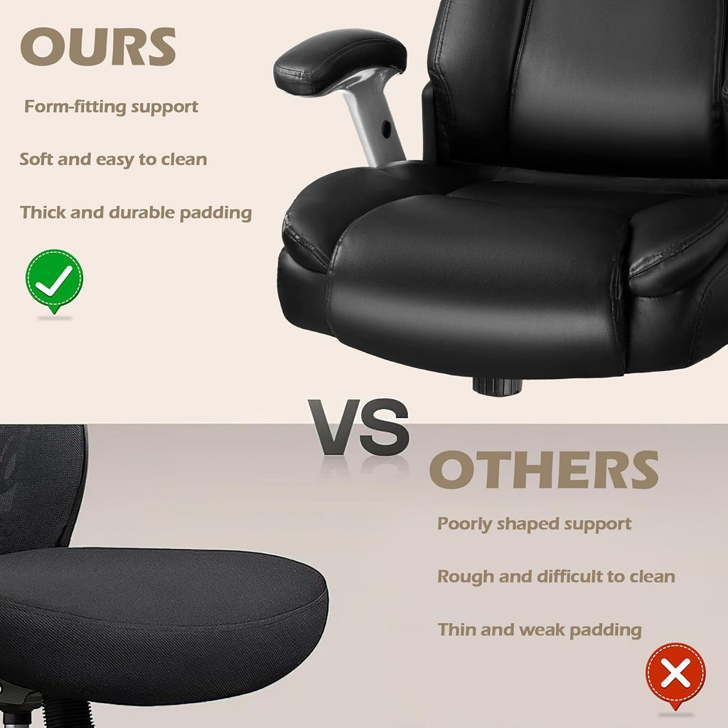 LEMBERI 600 Lbs Big and Tall Office Chair for Heavy People, Ergonomic PU Leather High Back Executive Comfy Computer Chair with Lumbar Support, Heavy Duty Wide Seat Thick Padded Office Chairs (Black)
