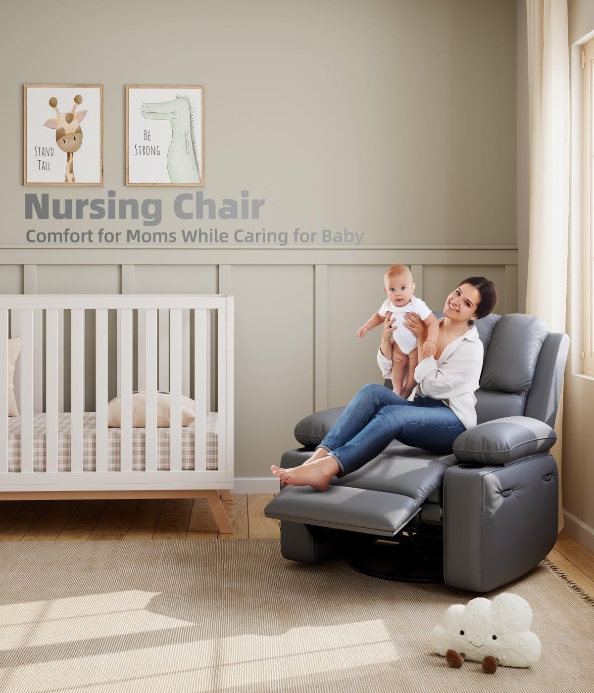 GarveeHome Oversized Recliner Chairs with 1.5X Sponge Filling, 360° Swivel Lazy Recliner Chair for Adults, Manual Rocking Chair with Cup Holder for Living Rooms, Bedrooms, and Nurseries