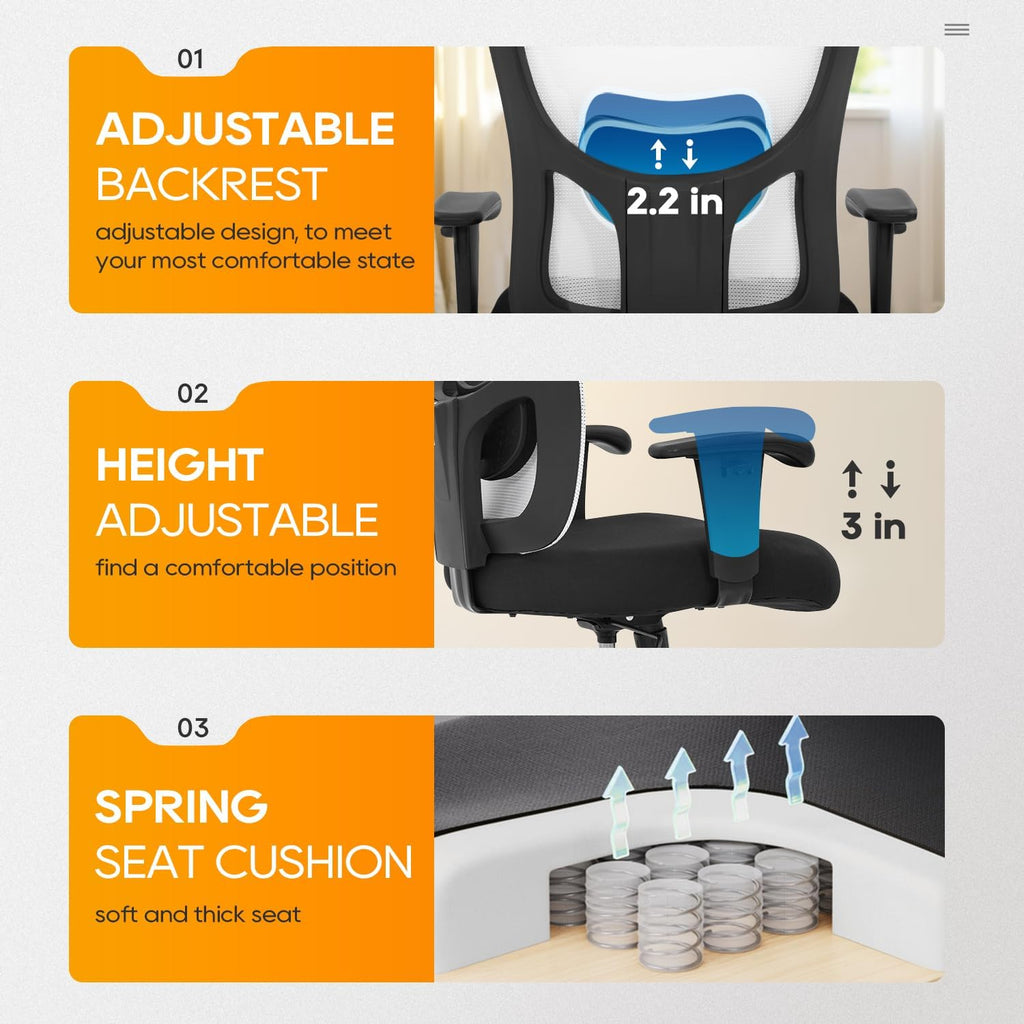 BestOffice Big and Tall Office Chair 400lbs Desk Chair Mesh Computer Chair with Lumbar Support Wide Seat Adjust Arms Rolling Swivel High Back Task Executive Ergonomic Chair for Home Office, White