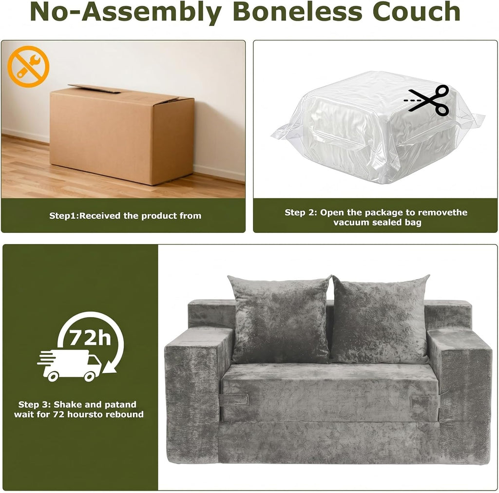 Boneless Couch Loveseat Sleeper, Convertible Sofa Bed Folding Couch Bed, Boneless Chair Bed & Futon Sofa Bed, Small Pull Out Couch Foldable with 4 Pillows for Living Room, Light Grey