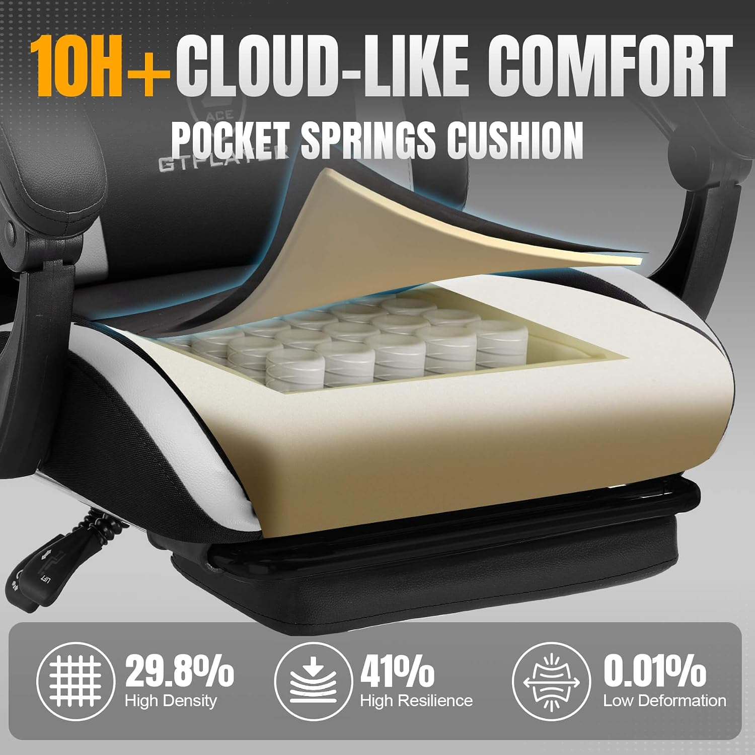 GTPLAYER Gaming Chair with Pocket Spring Cushion, Leather Office Chair with Ergonomic High Back & Lumbar Support for Back Pain Relief, Computer Game Chair for Adults, White/Black