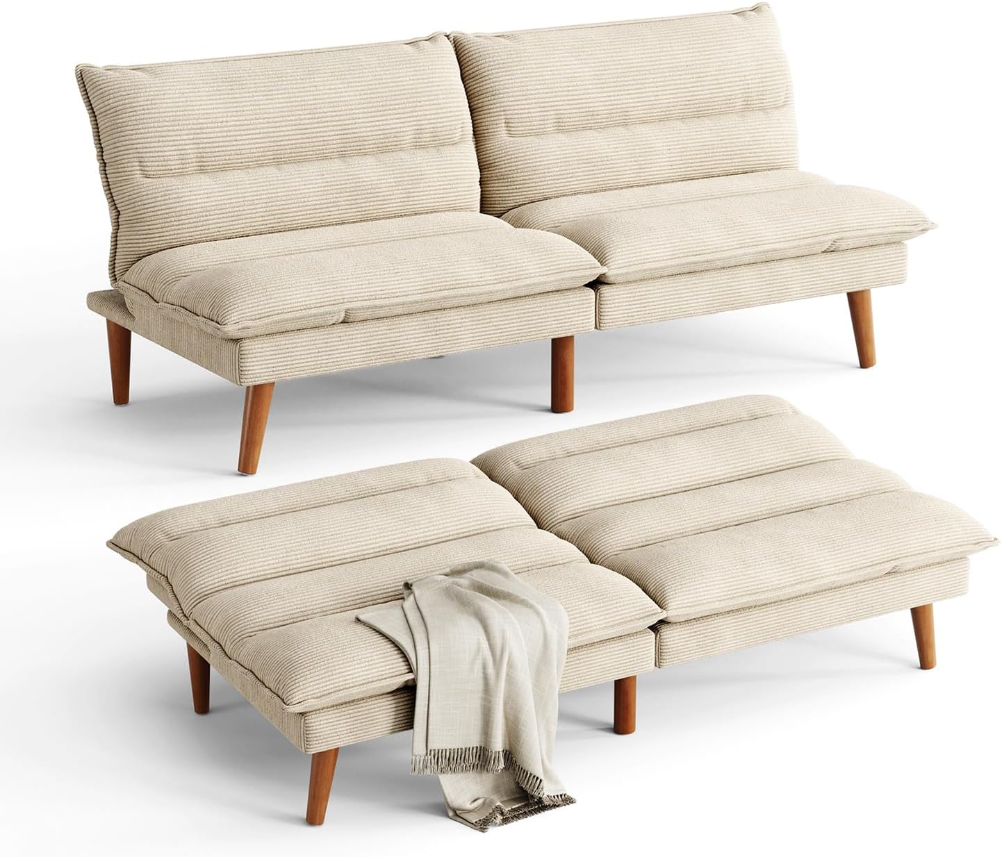 LINSY 71 Inch Futon Sofa Bed Corduroy Futon Couch with Adjustable Backrest, Convertible Folding Futons Sofa Couches for Small Spaces Living Rooms Apartment Office (Beige)