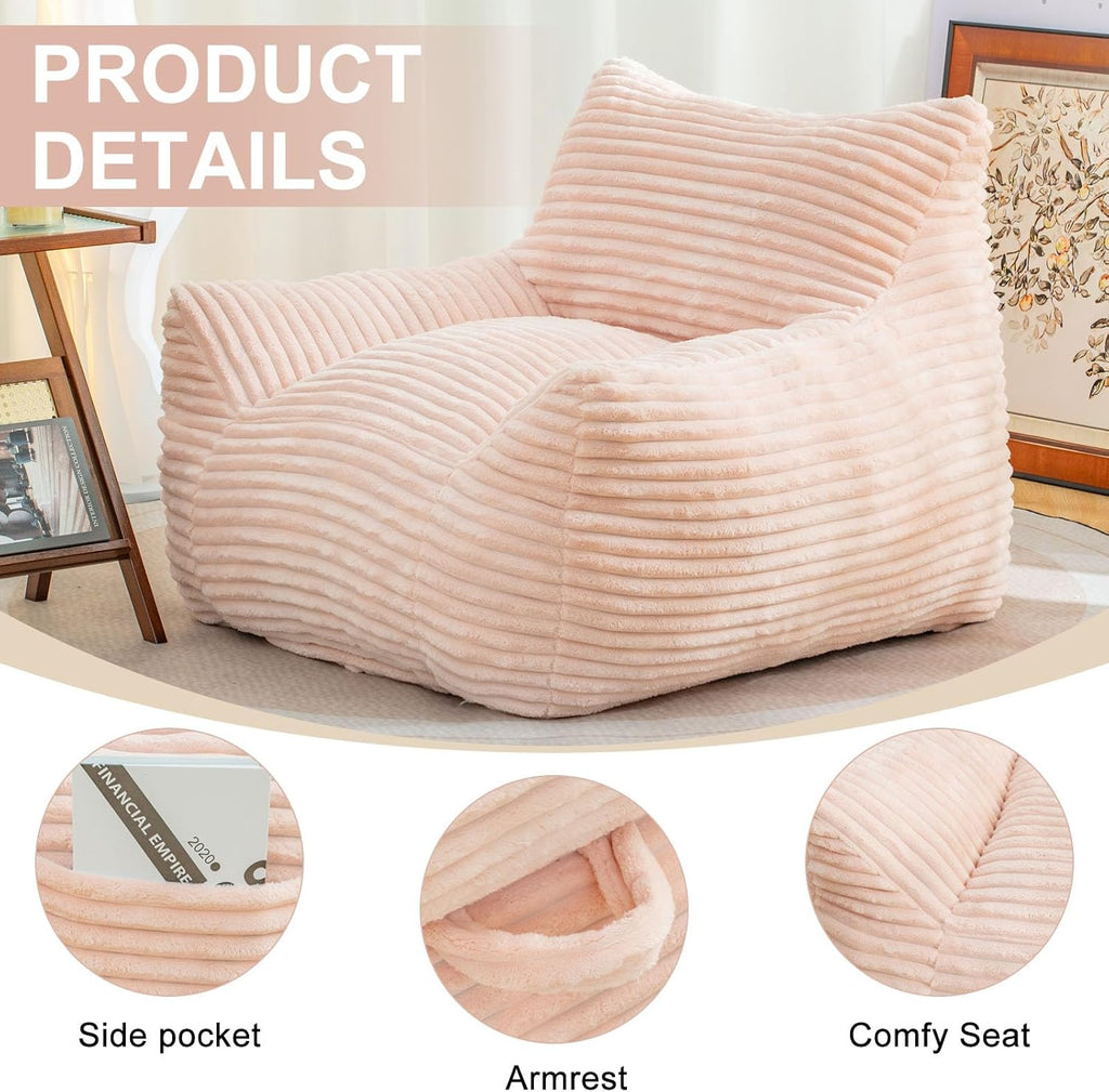 Bean Bag Chair for Adults, Comfy Corduroy Beanbag with Armrests, Lazy Sofa Floor Chair for Living Room, Bedroom, Dorm & Lounge, Cozy Fluffy Single Mini Couch (Pink)