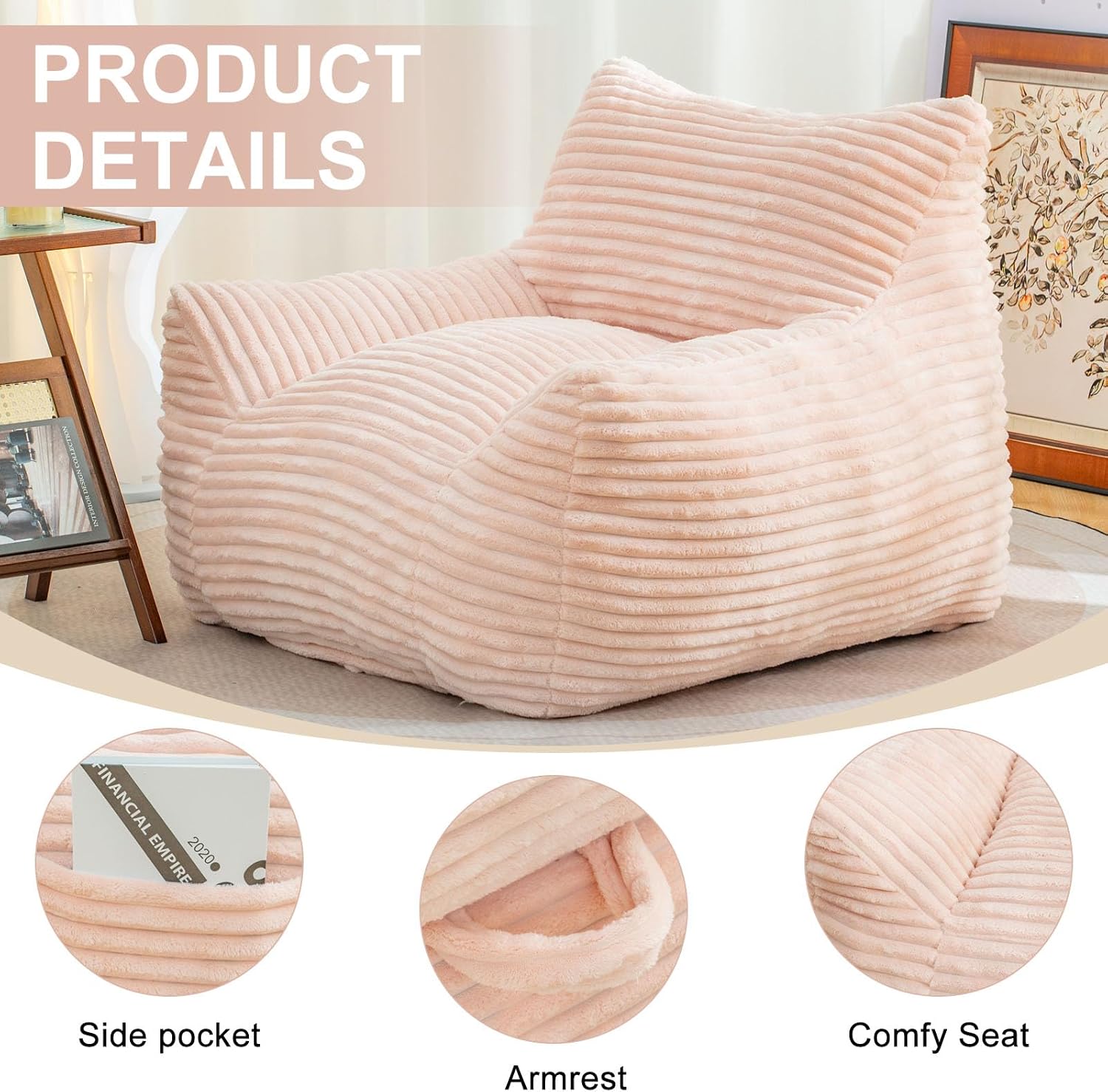 Bean Bag Chair for Adults, Comfy Corduroy Beanbag with Armrests, Lazy Sofa Floor Chair for Living Room, Bedroom, Dorm & Lounge, Cozy Fluffy Single Mini Couch (Pink)