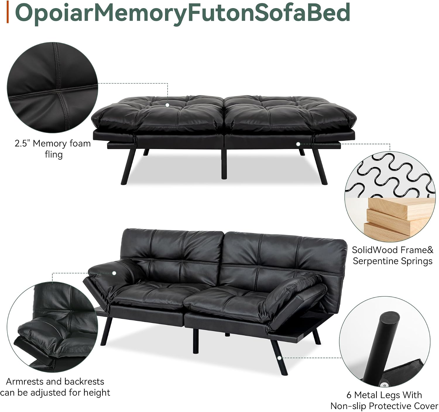 Opoiar 71' L Covertible Futon Sofa Bed,Faux Leather Futon Couch, Memory Foam Modern Loveseat Sleeper, Small Splitback Sofa Couches for Living Room,RV,Home Office,Apartment,Matte Black