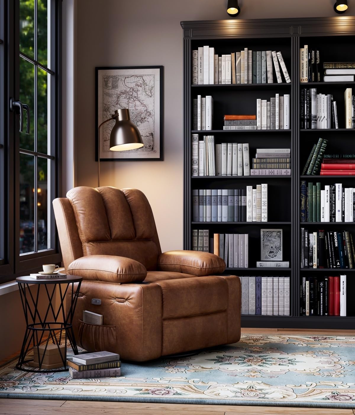 Oversized Electric Recliner Chair for Adults, Swivel Rocker Recliner with Massage and Heat, Pu Leather Single Sofa with Cup Holder and Side Pocket, for Living Room, Bedroom, Vintage Leather