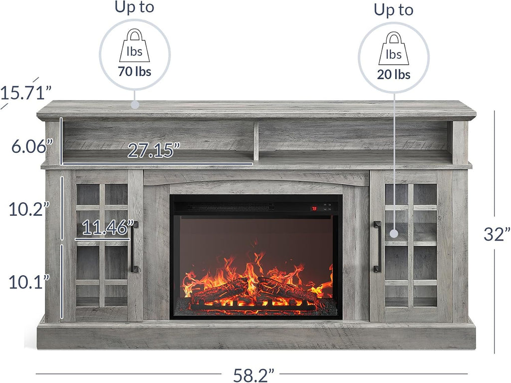 BELLEZE Traditional 58' Rustic TV Stand with 23' Electric Fireplace Heater with Sound, Media Entertainment Center Console Table for TV up to 65' with Open Storage Shelves and Cabinets - Grey Wash