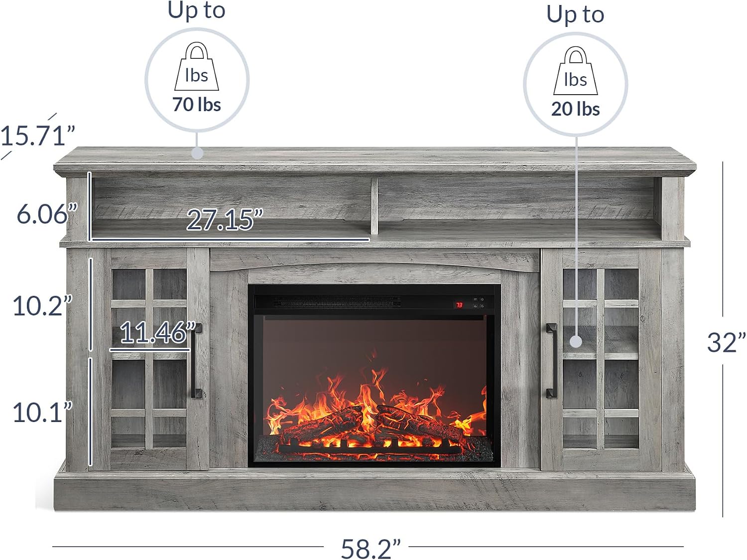 BELLEZE Traditional 58' Rustic TV Stand with 23' Electric Fireplace Heater with Sound, Media Entertainment Center Console Table for TV up to 65' with Open Storage Shelves and Cabinets - Grey Wash
