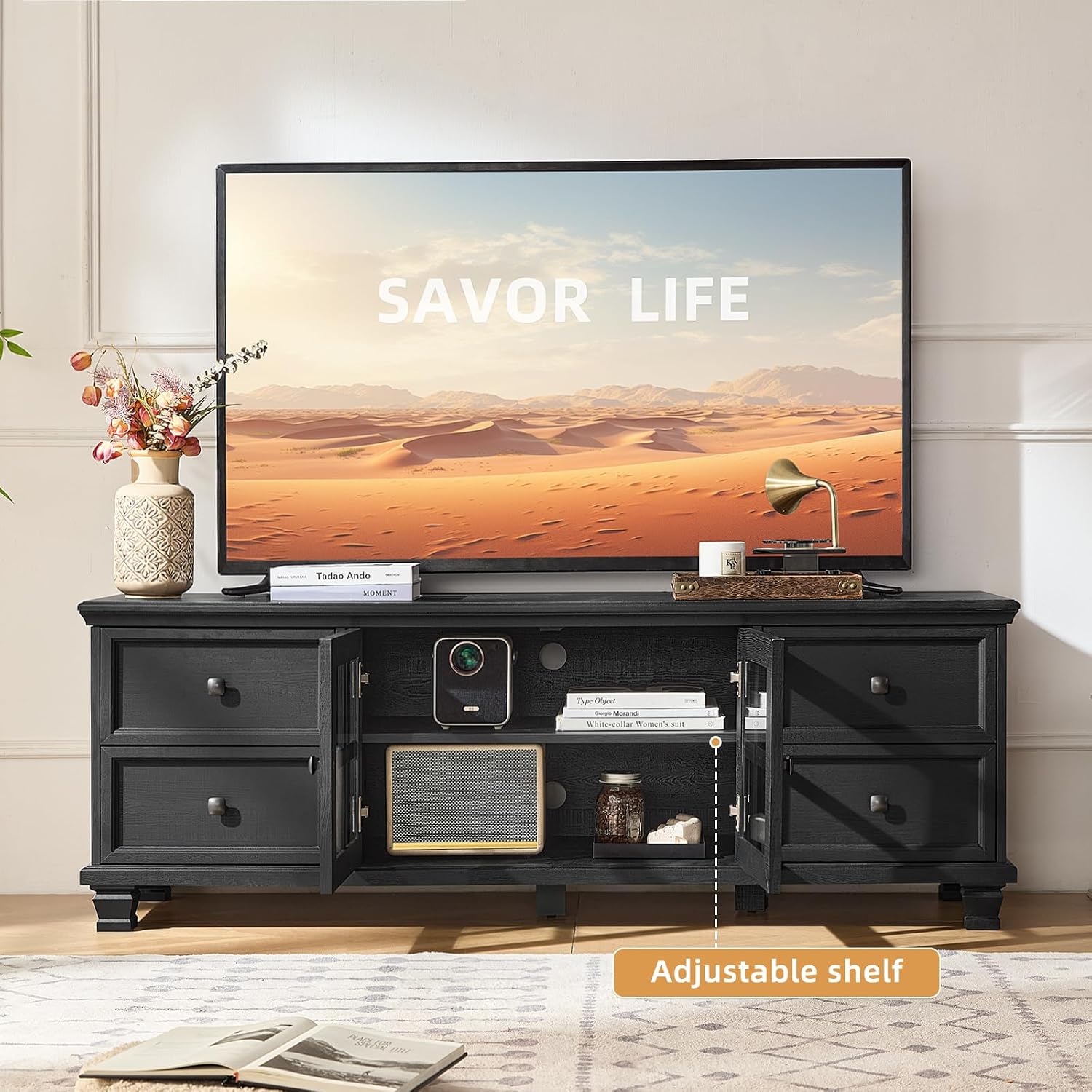 SAVOR LIFE Farmhouse TV Stand for Living Room, Rustic Black Entertainment Center with Storage Cabinet,Wood TV Console with 4 Drawers,Modern TV Stands for Bedroom,Black