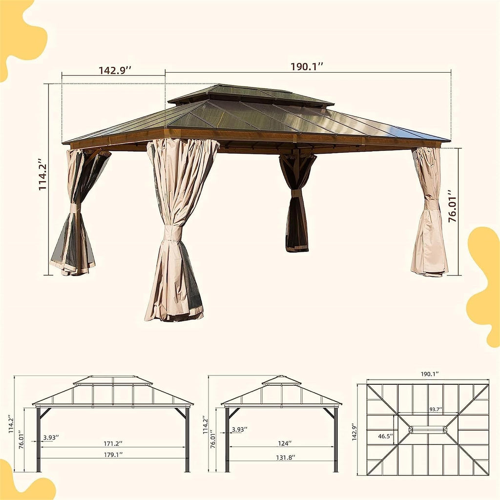 12x16ft Hardtop Gazebo, Permanent Outdoor Gazebo with Polycarbonate Double Roof, Aluminum Gazebo Pavilion with Curtain and Net for Garden, Patio, Lawns, Deck, Backyard (Wood Looking)