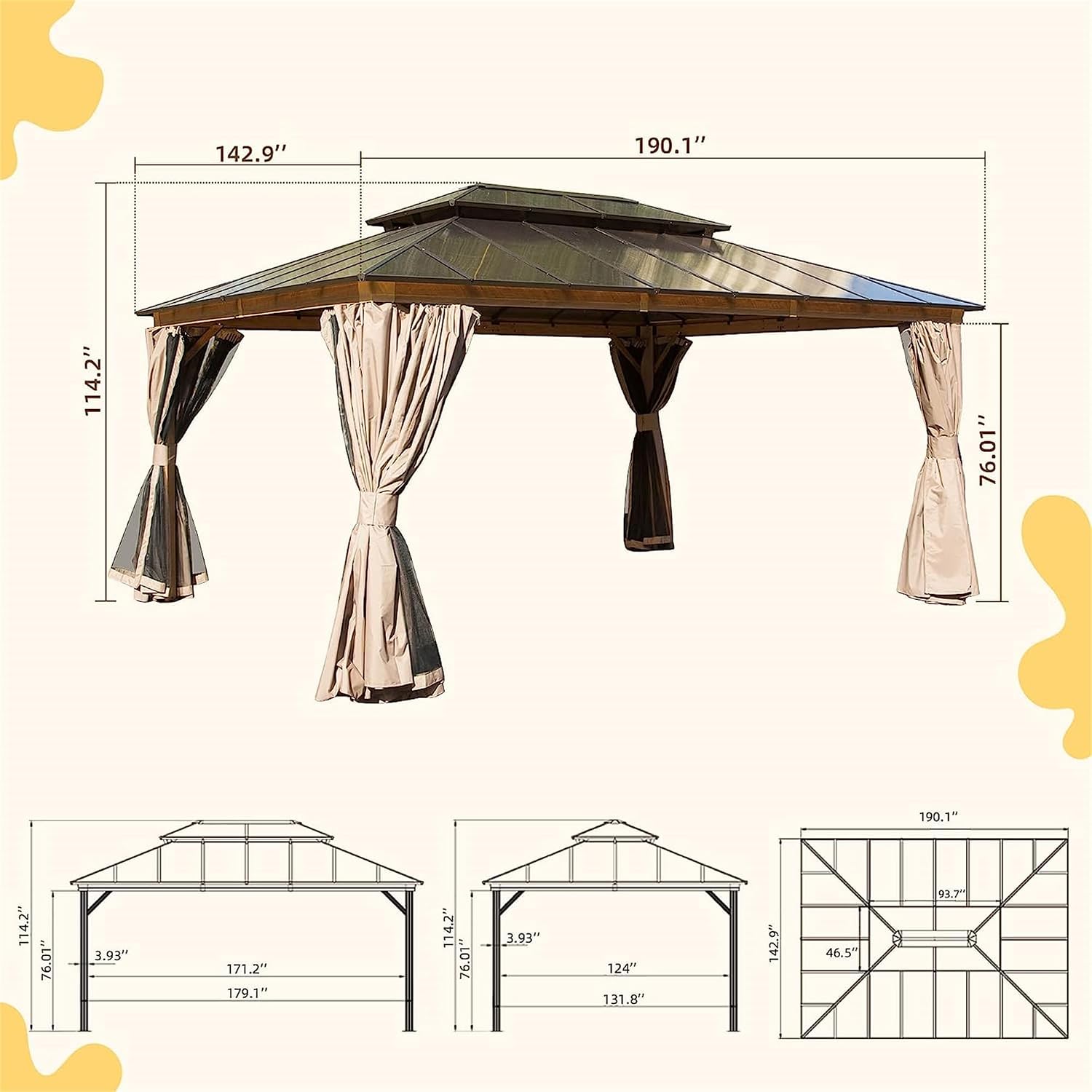 12x16ft Hardtop Gazebo, Permanent Outdoor Gazebo with Polycarbonate Double Roof, Aluminum Gazebo Pavilion with Curtain and Net for Garden, Patio, Lawns, Deck, Backyard (Wood Looking)