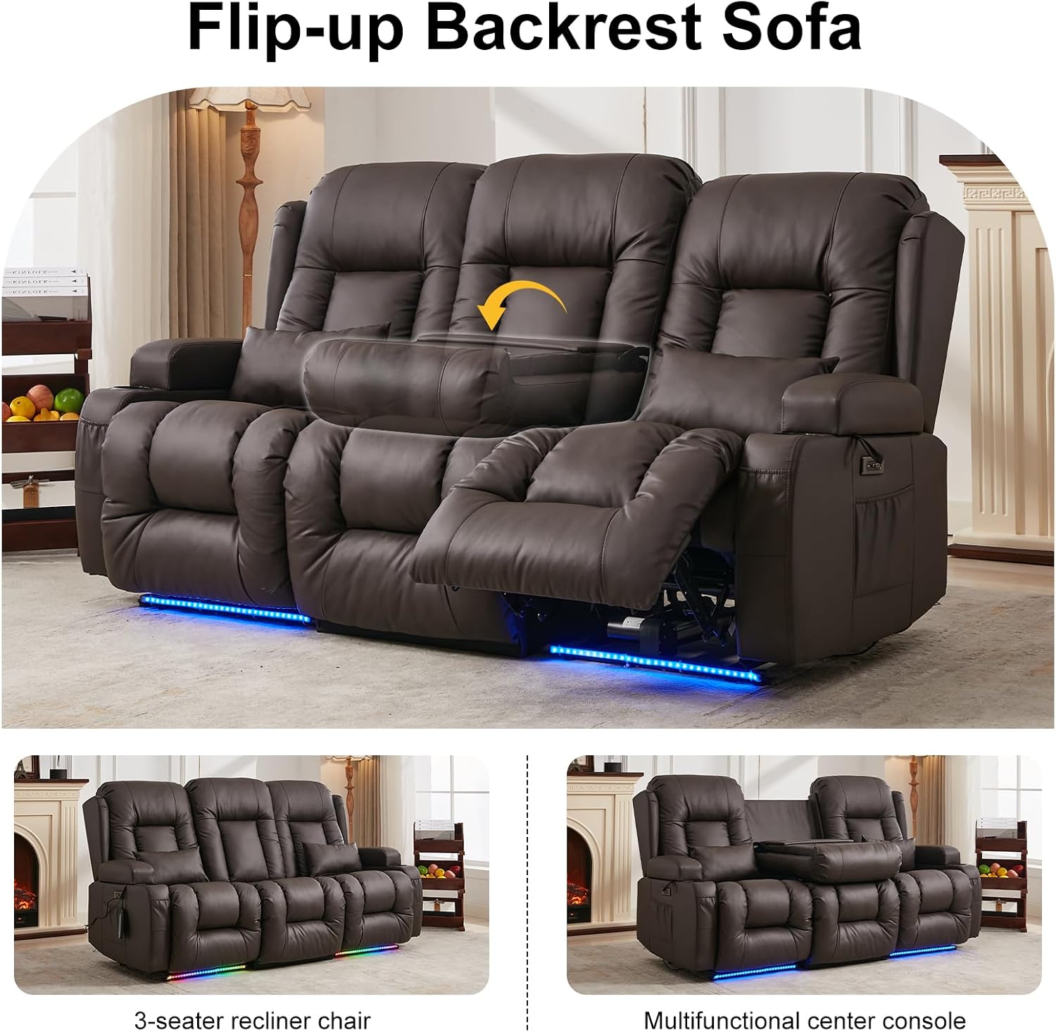 TUNYI Power Loveseat Recliner Sofa with Massage & Heat Home Theater Seating with Console RV Recliner Loveseat Sofa with USB/Storage/Side Pocket/LED Light/Speaker (Brown, 3 Seat)