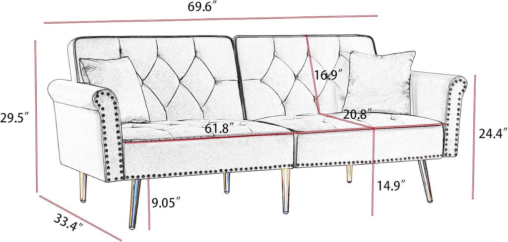 hansones 69.6' Velvet Tufted Sofa Couch, Copper Nail Decoration Accent Sofa with Metal Legs, 2 Pillows & Nailhead Trim, Convertible Futon Couch Sleeper Sofa Loveseat Futon Sofa Bed for Living Room
