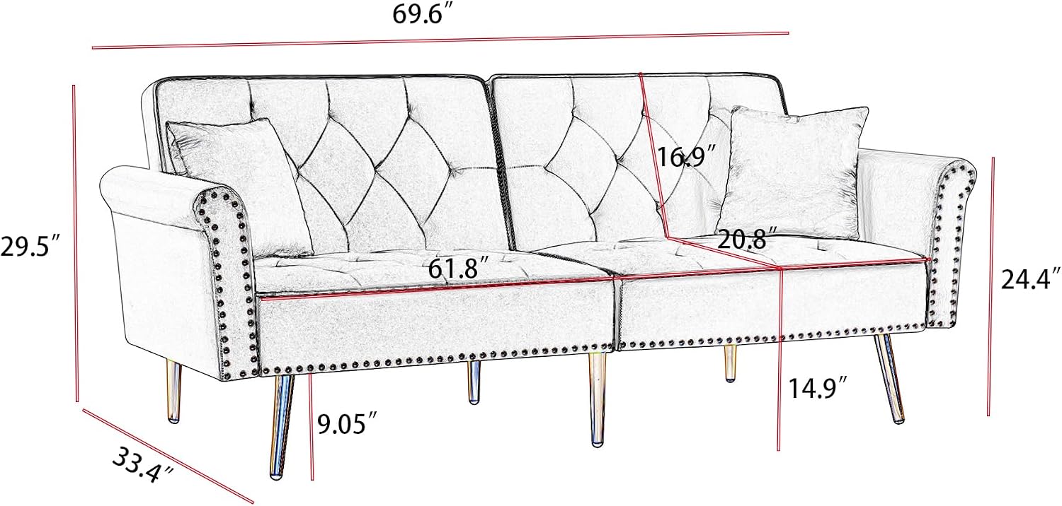 hansones 69.6' Velvet Tufted Sofa Couch, Copper Nail Decoration Accent Sofa with Metal Legs, 2 Pillows & Nailhead Trim, Convertible Futon Couch Sleeper Sofa Loveseat Futon Sofa Bed for Living Room