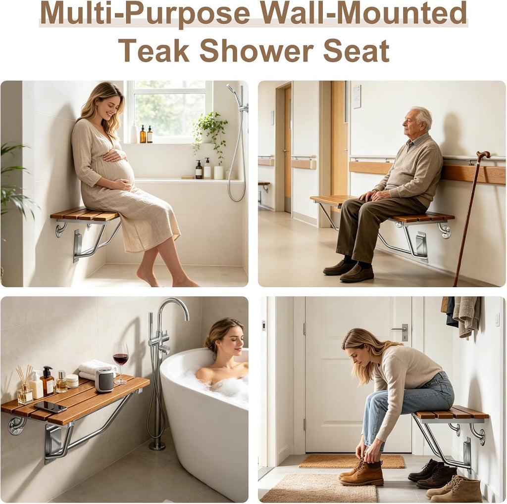 24'' Folding Shower Seat Wall Mounted, Folding Shower Bench with Stainless Steel Bracket, 500lb Load Capacity, for Elderly, Pregnant Women, Kids, Disabled