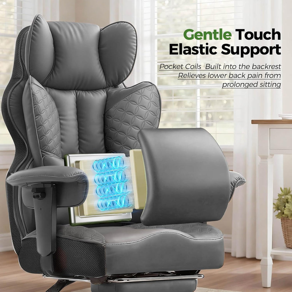 GTPOFFICE Big and Tall Office Chair 400LBS Wide Seat Computer Gaming Chair with Footrest & Comfy Lumbar Support, Leather High Back Executive Chair with Ergonomic Pressure Relief Seat Cushion, Gray