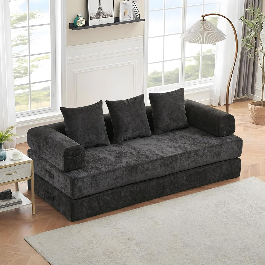 Futon Sofa Bed, Modular Convertible Folding 3 Seater Chenille Foam Floor Loveseat Sleeper Sofa Couch with 3 Pillows, No Assembly Compressed Boneless Couch, for Living Room Bedroom Guest Room, Black