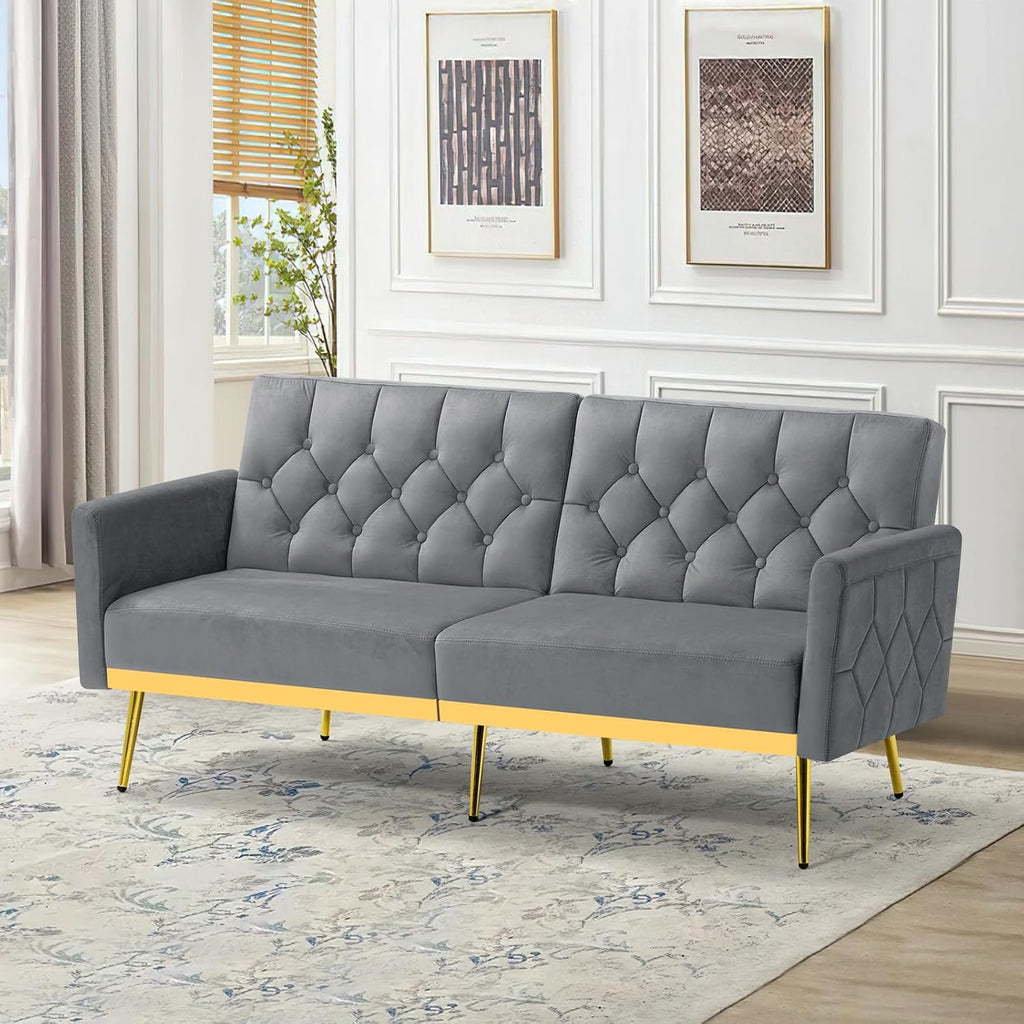 Velvet Sofa Bed w/Adjustable Armrests and Backrests, Modern Convertible Sleeper Sofa, Tufted Futon Sofa for Bedroom, Living Room, Apartment, Grey