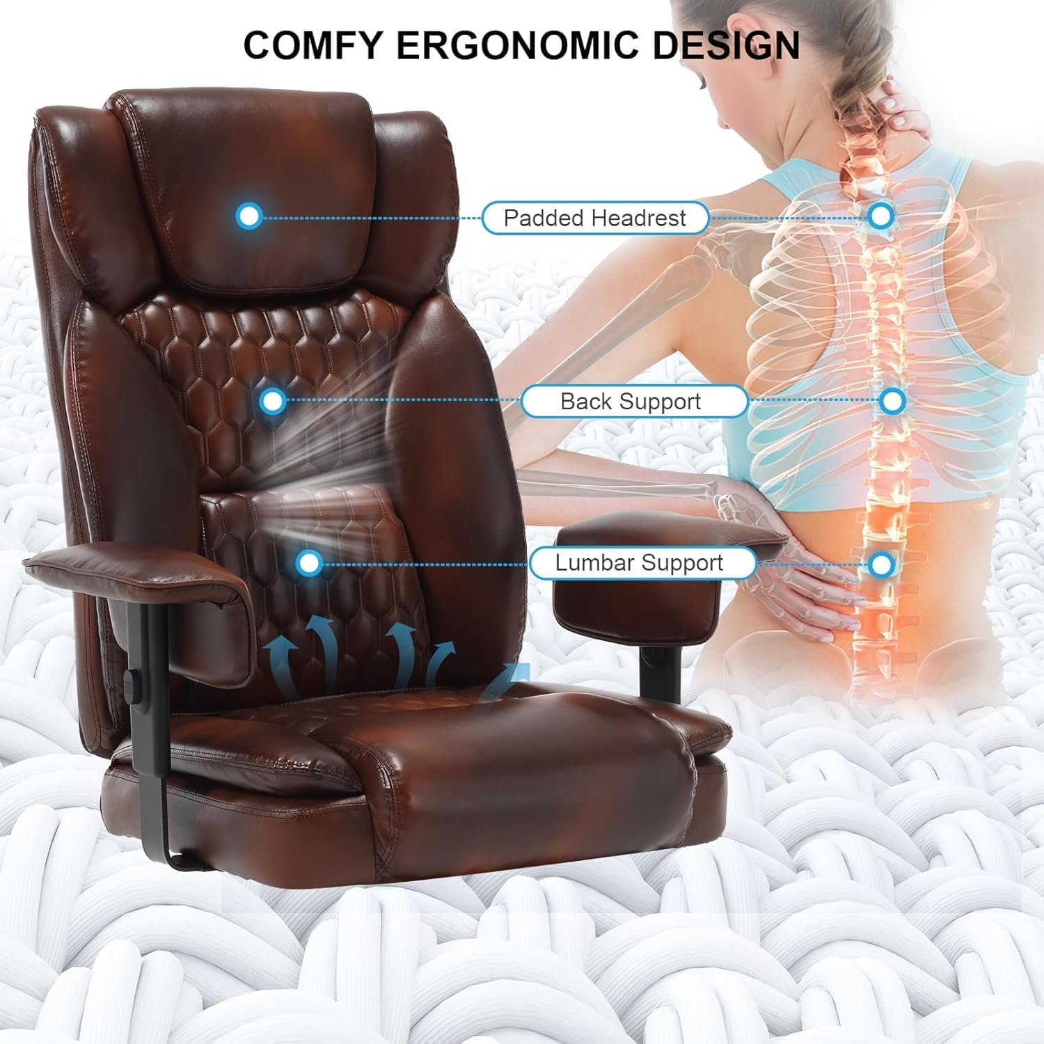 400lb Brown Office Chair,Big and Tall Reclining Office Chair with Footrest, High Back Executive Computer Chair with Wheels Pu Leather Recliner Office Desk Chairs with Lumbar Support for Adult
