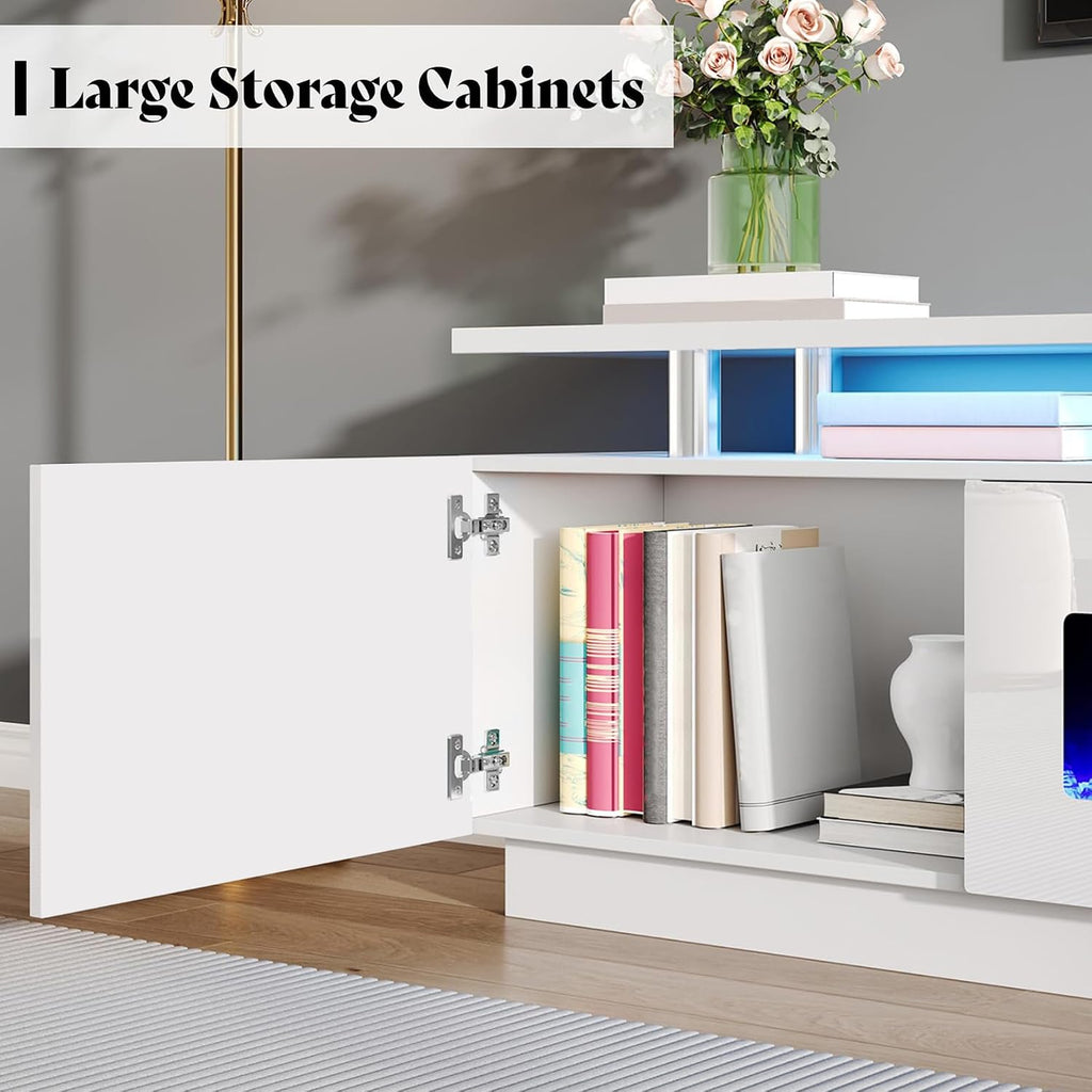 AMERLIFE 90' 2 Tier Fireplace TV Stand with 50' Fireplace, Modern Large Entertainment Center LED Lights, Media Console Table Storage Cabinet for TVs Up to 100', Living Room, White & White