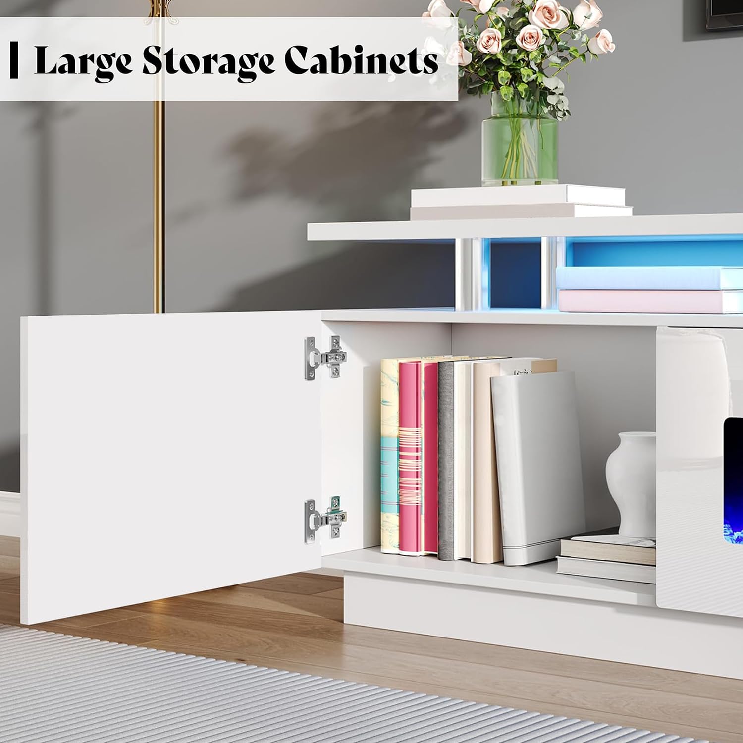 AMERLIFE 90' 2 Tier Fireplace TV Stand with 50' Fireplace, Modern Large Entertainment Center LED Lights, Media Console Table Storage Cabinet for TVs Up to 100', Living Room, White & White