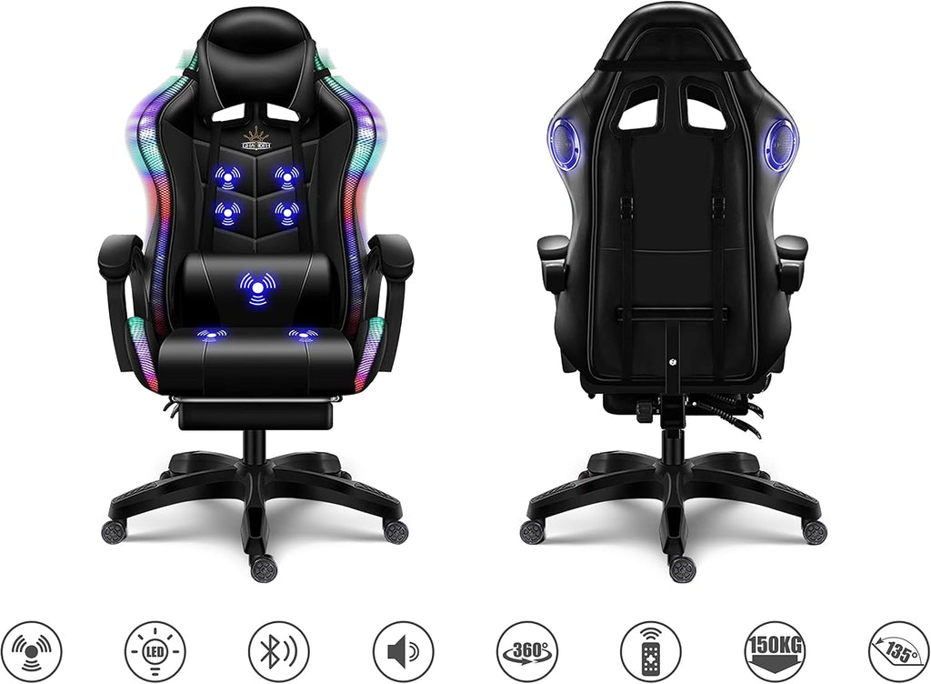RGB Gaming Chair with Massage and Footrest, Ergonomic Pro Computer Chair with LED Lights and Speakers, High Back Music Video Chair with Lumbar Support and Headrest, for Adult Teens. (Black + Red)