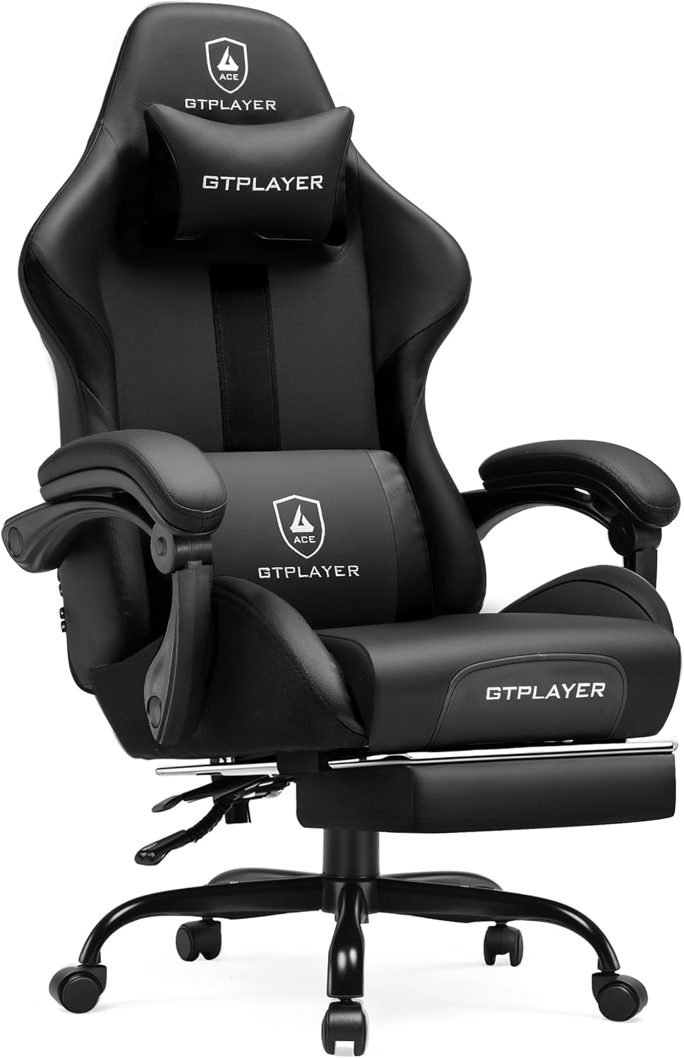GTPLAYER Gaming Chair with Pocket Spring Cushion, Leather Office Chair with Ergonomic High Back & Lumbar Support for Back Pain Relief, Computer Game Chair for Adults, Black